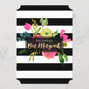 Convite PixDezines watercolor/floral/stripes bat mitzvah