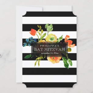 Convite PixDezines Watercolor/Floral/Stripes Bat Mitzvah