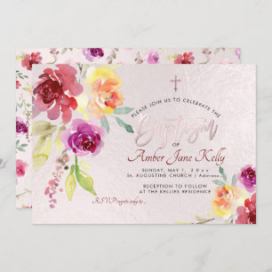 Convite PixDezines Watercolor Flowers Rosas Batismo