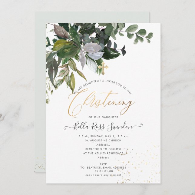 Convite PixDezines Watercolor Greenery Christening (Frente/Verso)