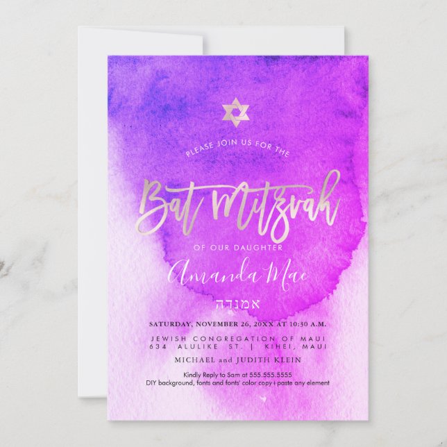 Convite PixDezines Watercolor Pink+Platinum Bat Mitzvah (Frente)