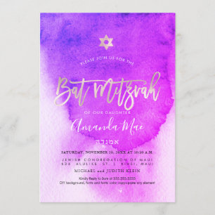 Convite PixDezines Watercolor Pink+Platinum Bat Mitzvah