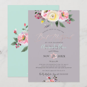 Convite PixDezines Watercolor Rosas de inverno Bat Mitzvah