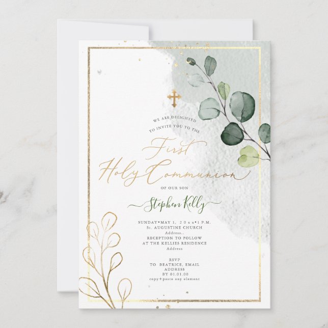 Convite PixDezines Watercolor Rustic Eucalyptus Communion (Frente)