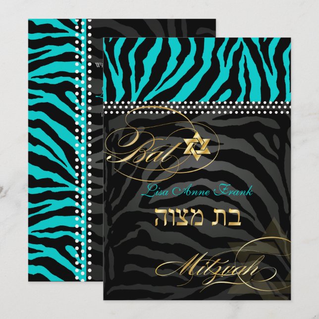 Convite PixDezines Zebra Bat Mitzvah/DIY Cor Aqua (Frente/Verso)