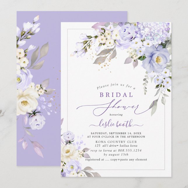 Convite PixDezinesH2  Hortênsias Roxas Rosas Chá de Noiva (Frente/Verso)