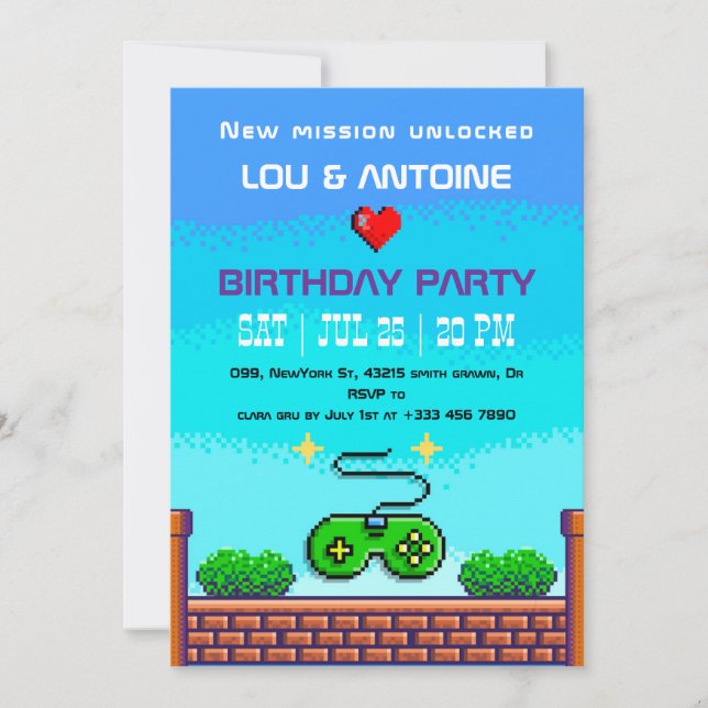 Convite Pixel Gamer Birthday Invitation (Frente)