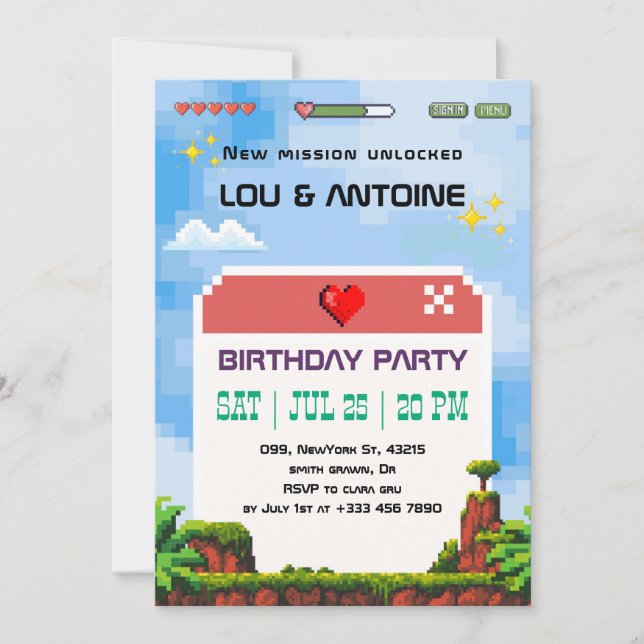 Convite Pixel Gamer Birthday Invitation (Frente)