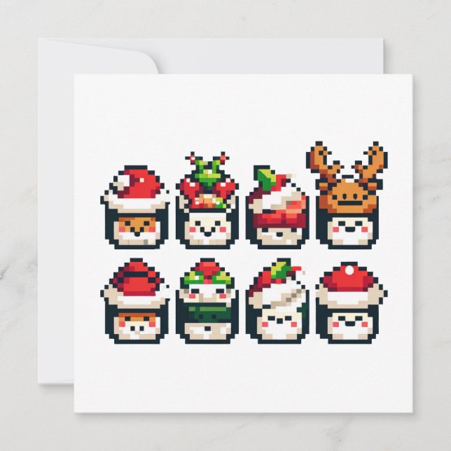 Convite Pixel Holiday Sushi - Arte Festiva De 8 Bits (Frente)