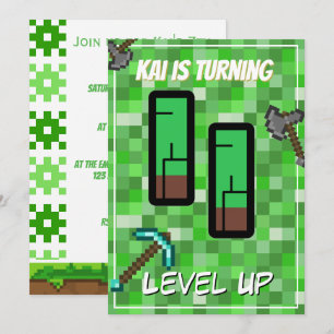 Convite Pixelated Gamer Verde Aniversário de 11 anos