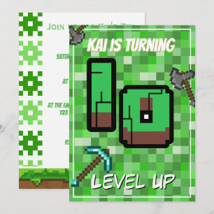 Convite Pixelated Gamer Verde Subiu de Level 10º Aniversár