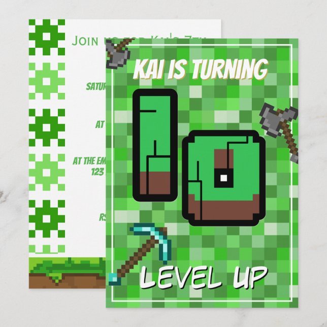 Convite Pixelated Gamer Verde Subiu de Level 10º Aniversár (Frente/Verso)