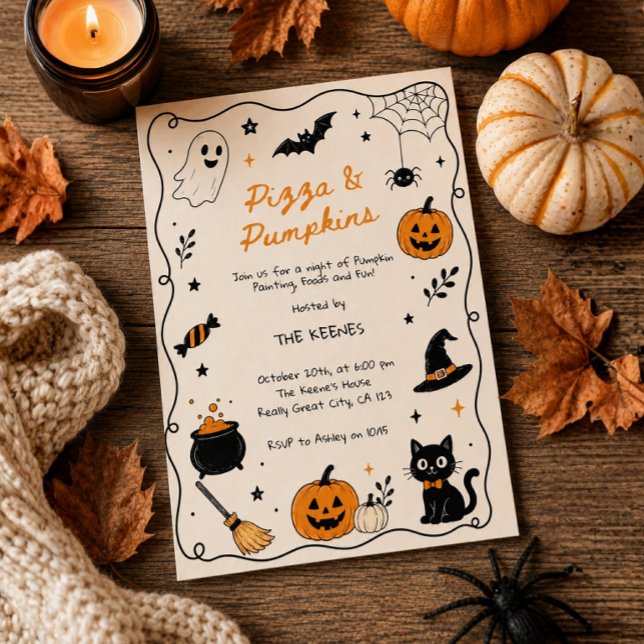 Convite Pizza & Abóboras Pintura à Mão no Halloween  (Pumpkin Painting Party Invitation, Hand Drawn Scribble Halloween Invite, Pizza & Pumpkins Party,)