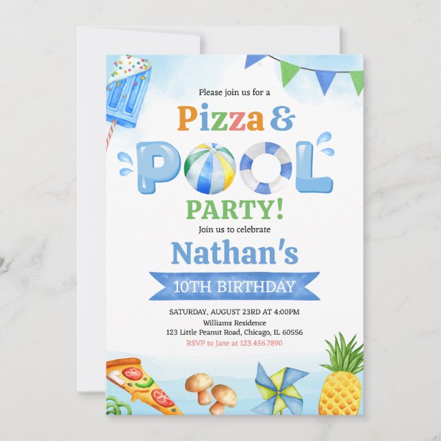 Convite  Pizza and Pool Birthday Party (Frente)