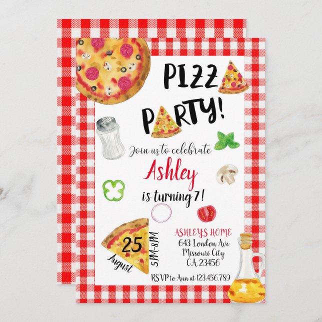 Convite Pizza Birthday Invitation, Pizza Invitation (Frente/Verso)