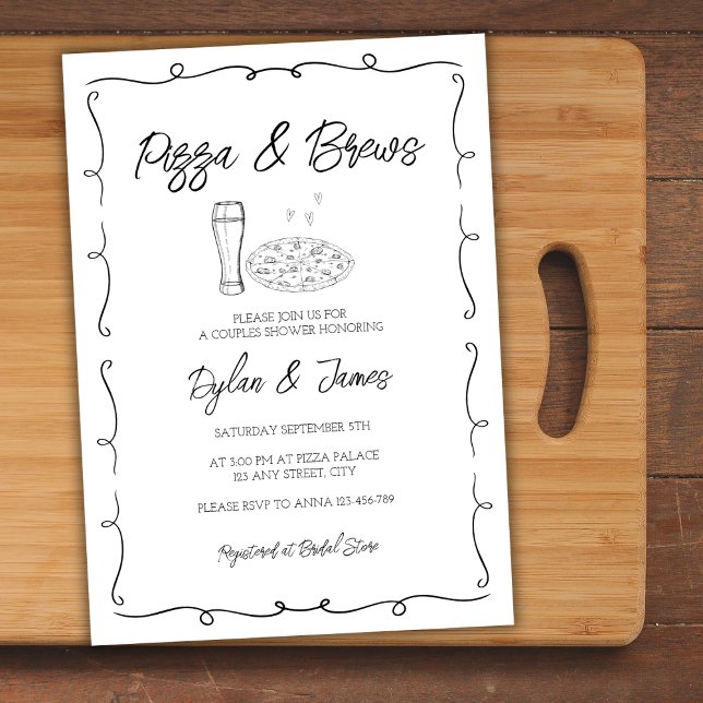 Convite Pizza & Brews Casais Desenhados à Mão (Pizza & Brews Whimsical Hand Drawn Couples Shower Invitation)