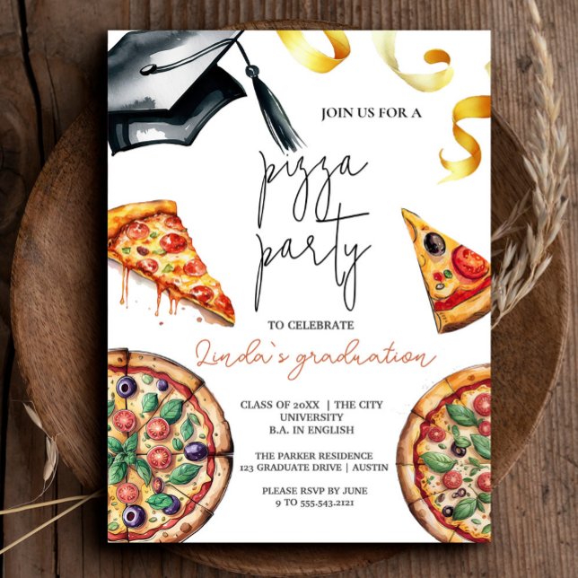 Convite Pizza de Graduação por Aquarela Elegante (Elegant Watercolor Graduation Pizza Invitation #zazzlemade #pizzagraduation #pizzaparty #grduate)