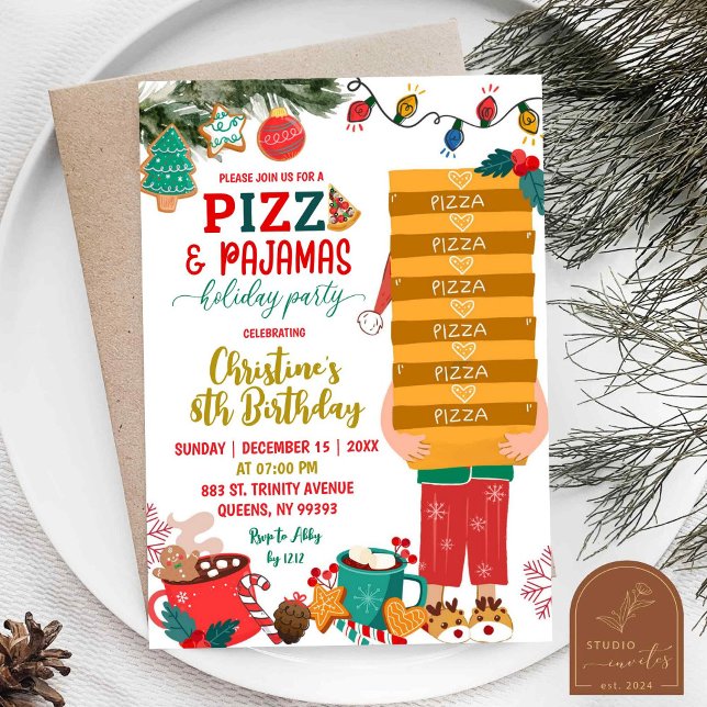 Convite Pizza de Natal e Pijamas Festa de Aniversário de F (Criador carregado)