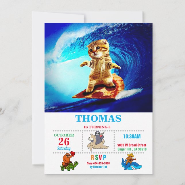 Convite Pizza de Surfe de Gato (Frente)