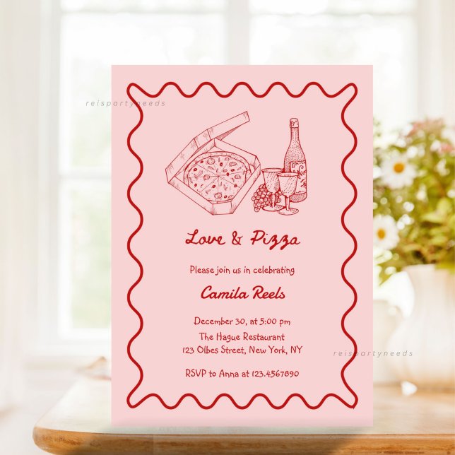 Convite Pizza Desenhada À Mão E Chá de panela De Vinho (whimsical, hand drawn, hand written, hand illustrated, bridal shower invitation, pizza bridal shower)