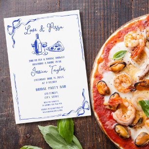 Convite Pizza e Amor com Brida Azul Francês Desenhado à Mã