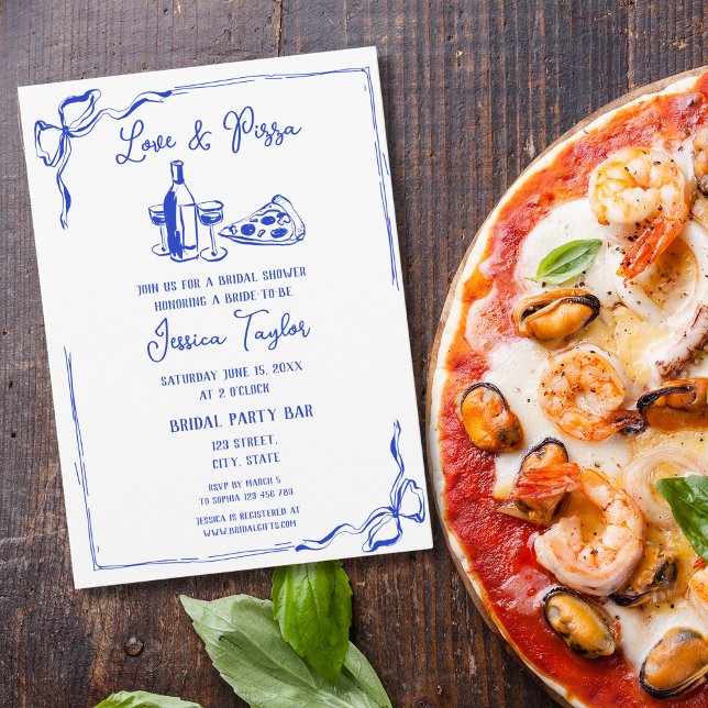 Convite Pizza e Amor com Brida Azul Francês Desenhado à Mã (love and pizza hand drawn blue)
