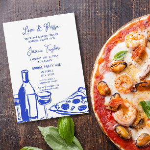 Convite Pizza e Amor com Brida Azul Francês Desenhado à Mã