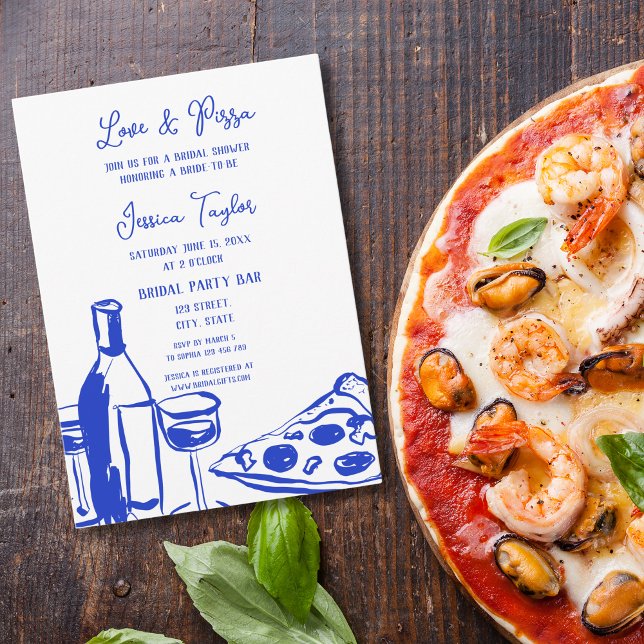 Convite Pizza e Amor com Brida Azul Francês Desenhado à Mã (Criador carregado)