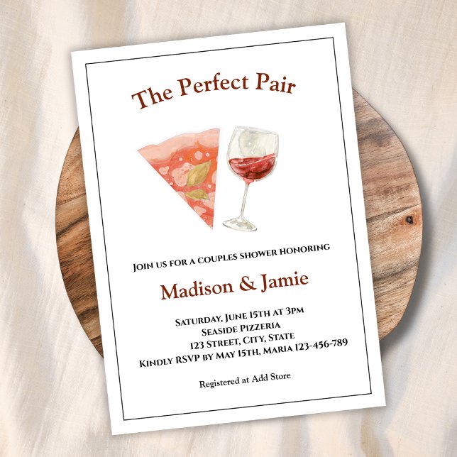Convite Pizza E Casais De Par Perfeitos (pizza and wine casual couples bridal shower invitation the perfect pair)