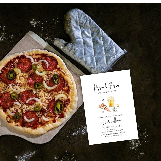Convite Pizza e Cervejas de Fatia Rústica e Chá de fraldas (Rustic Slice Pizza & Beers & Pacifier Baby Shower Invitation)