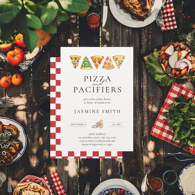 Convite Pizza e Chá de fraldas de Pacificadores (Pizza and Pacifiers Casual Baby Shower Invitation)