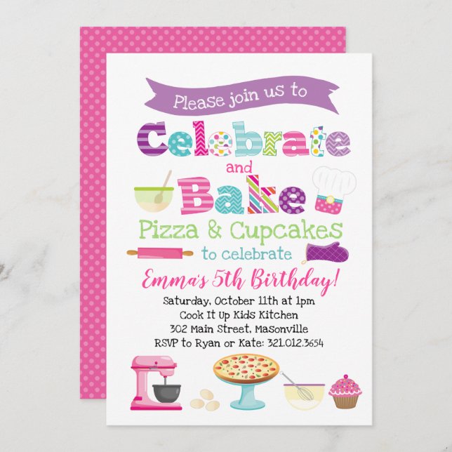 Convite Pizza e Cupcake Baking Party (Frente/Verso)