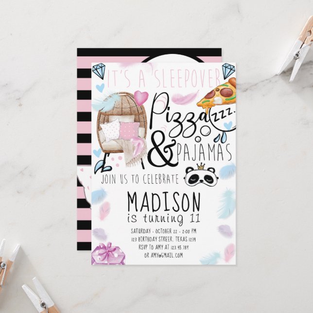 Convite Pizza e Festa de aniversário de pijamas (Frente/Verso In Situ)