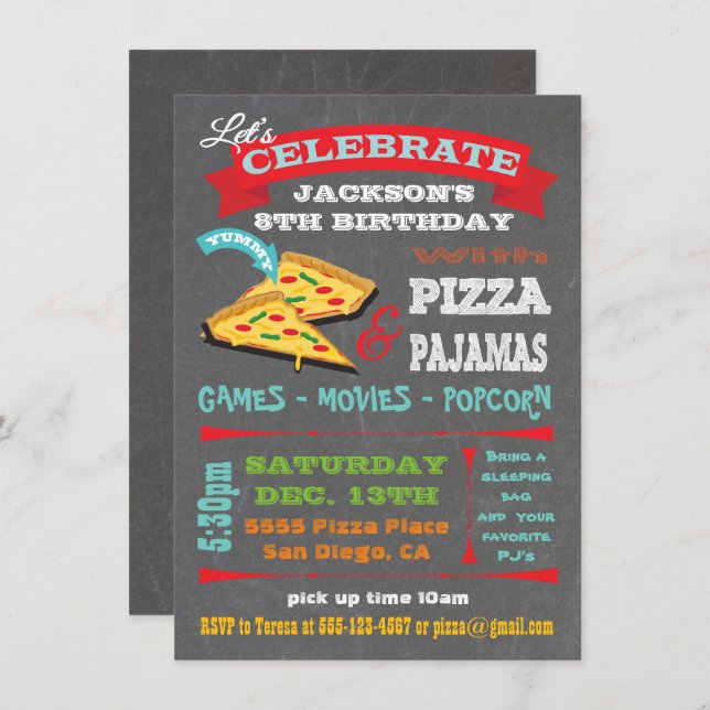 Convite Pizza e Festa de aniversário de pijamas (Frente/Verso)