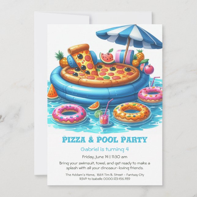 Convite Pizza e Festa de aniversário de Piscina - Diversão (Frente)
