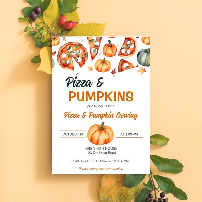 Convite Pizza e modelo de escultura de abóbora (Pizza and pumpkin carving party template invitation digital download, watercolor pizza slices pumpki)