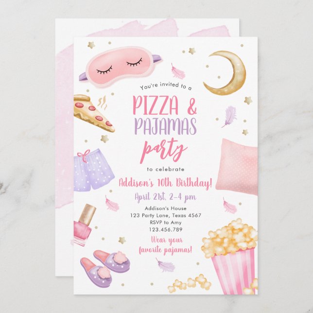 Convite Pizza e pijamas Sleepover Sumber Party Aniversário (Frente/Verso)