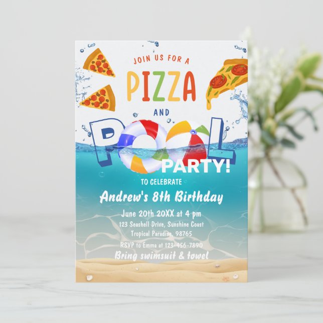 Convite Pizza e Piscina Festa de Verão Água Aniversário (Em pé/Frente)