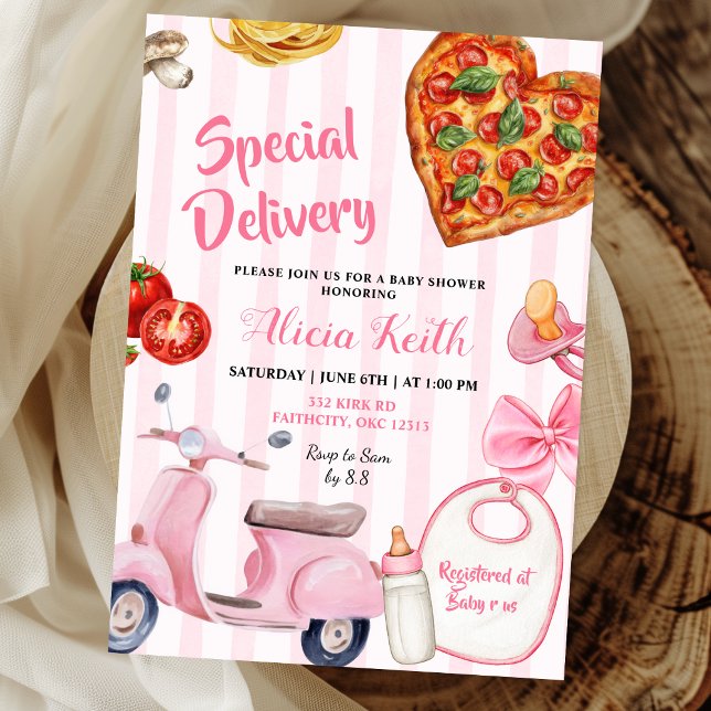 Convite Pizza entrega especial para chá de bebê de menina  (Criador carregado)