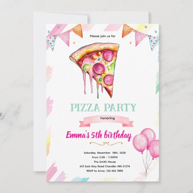 Convite Pizza girl party theme invitation (Frente)