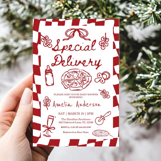 Convite Pizza Hand Drawn Special Delivery Baby Shower (Criador carregado)