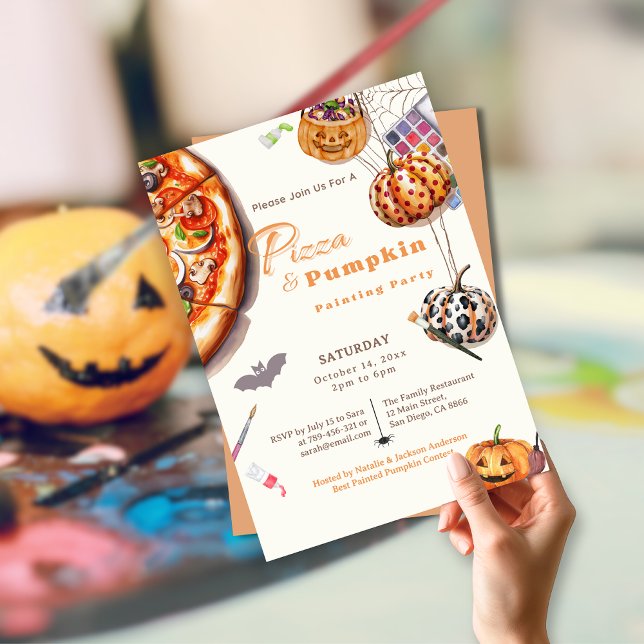 Convite Pizza Moderna de Halloween e Festa de Pintura de A (Modern Halloween Pizza & Pumpkin Painting Party Invitation)