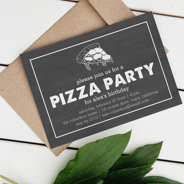 Convite Pizza Party Black & White Chalkboard Birday (Criador carregado)
