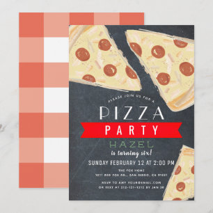 Convite Pizza Party Chalkboard Red Gingham Birthday