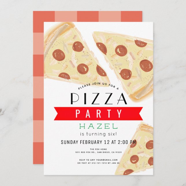 Convite Pizza Party Red Gingham Birthday (Frente/Verso)