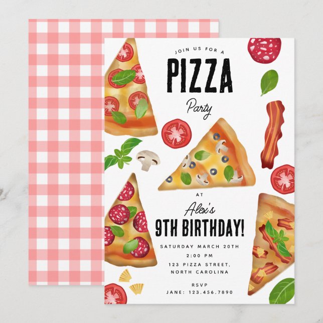 Convite Pizza Party Tema Watercolor Birthday (Frente/Verso)
