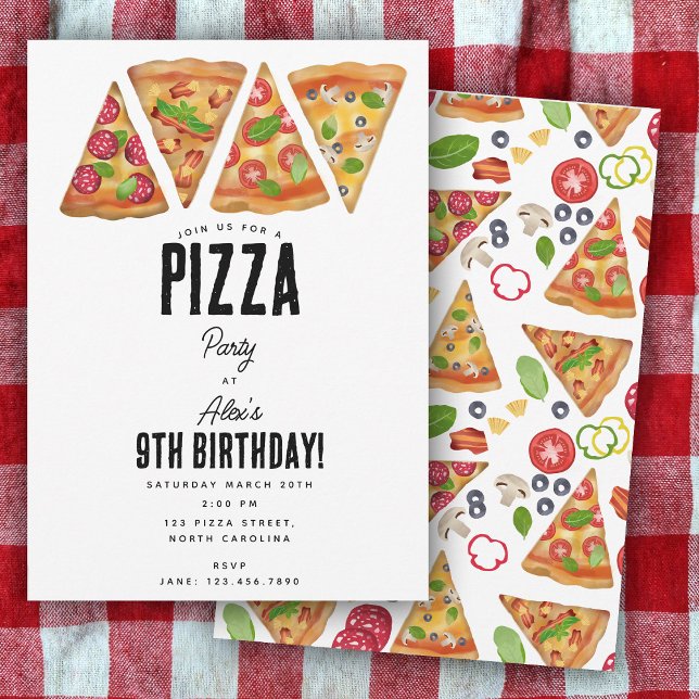 Convite Pizza Party Theme Watercolor Birthday Kids (Pizza Party Theme Watercolor Birthday Kids Invitation)