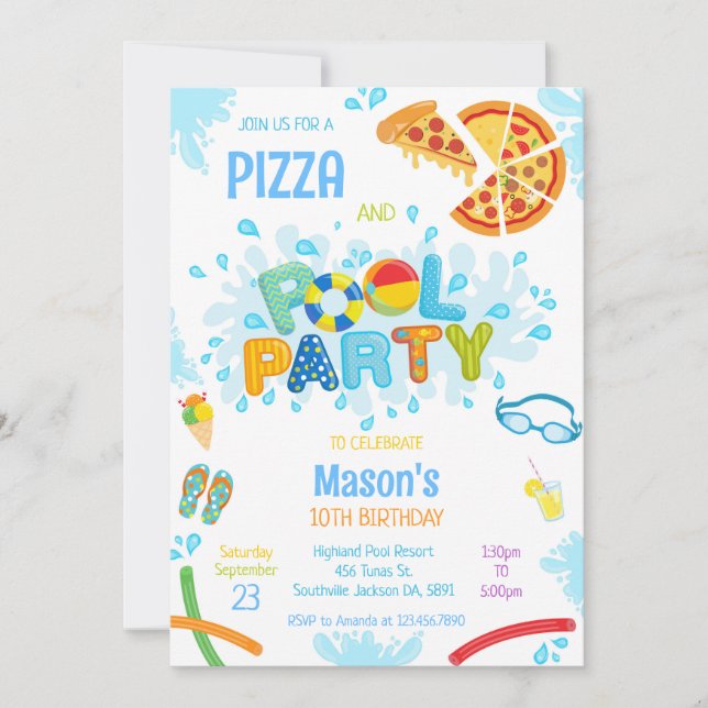 Convite Pizza Pool Party Birthday Invitation (Frente)