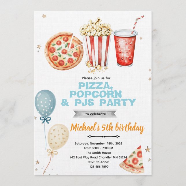 Convite Pizza popcorn and pajamas party invitation (Frente)