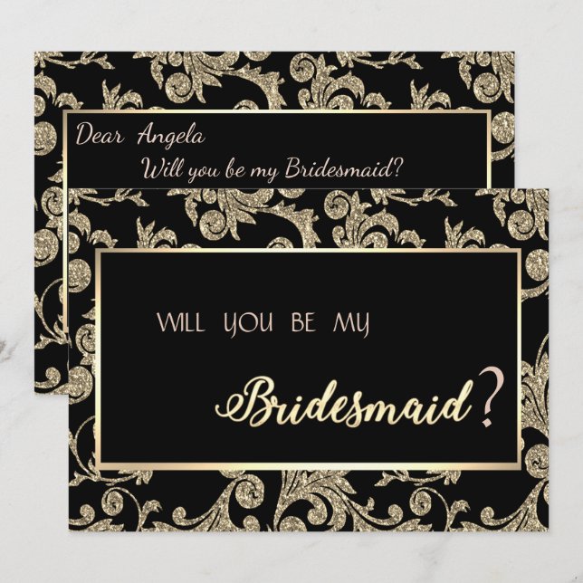 Convite Placa Bridesmaid Elegante Dourada Glitter (Frente/Verso)